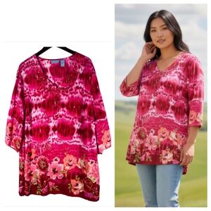 Liz & Me Catherines Top Tunic Shirt 1X 18W 20W Pink Floral Beaded Romantic Chic